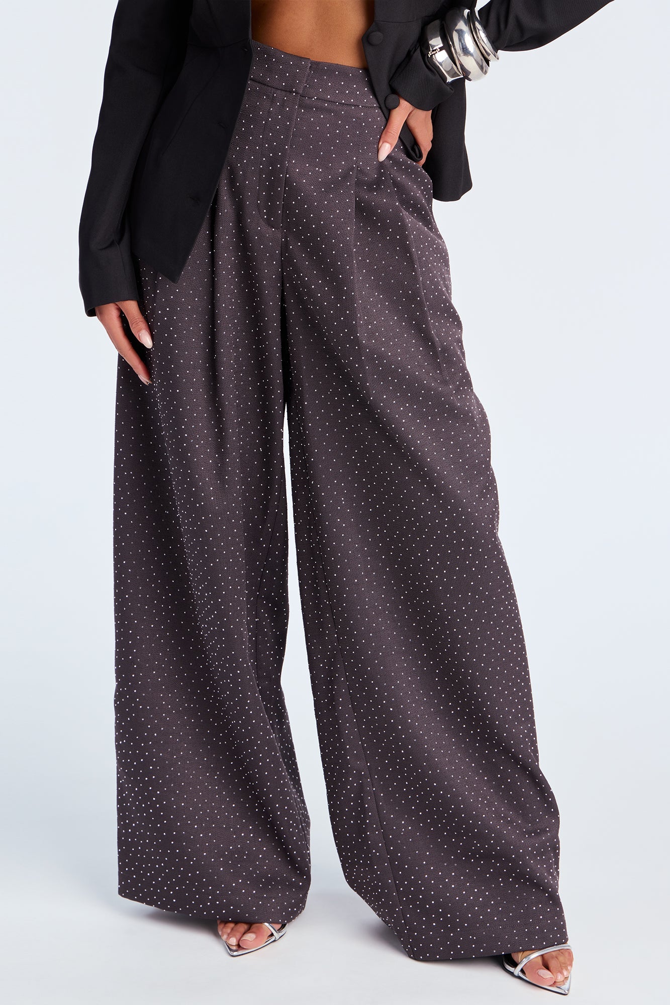 Eyes On Me Rhinestone Wide Leg Pant 32″ - Charcoal