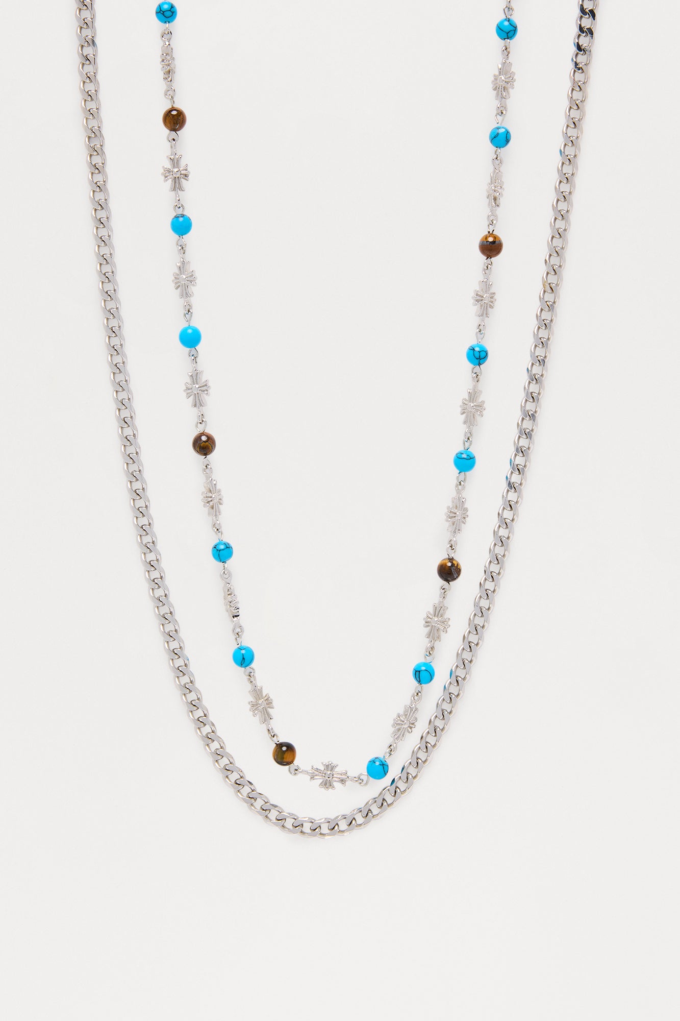 Beaded Cross Necklace Set - Silver