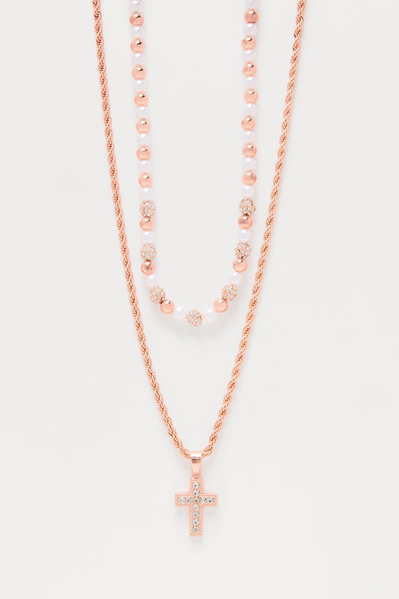 Iced Pearl Cross Necklace Set - Rose Gold