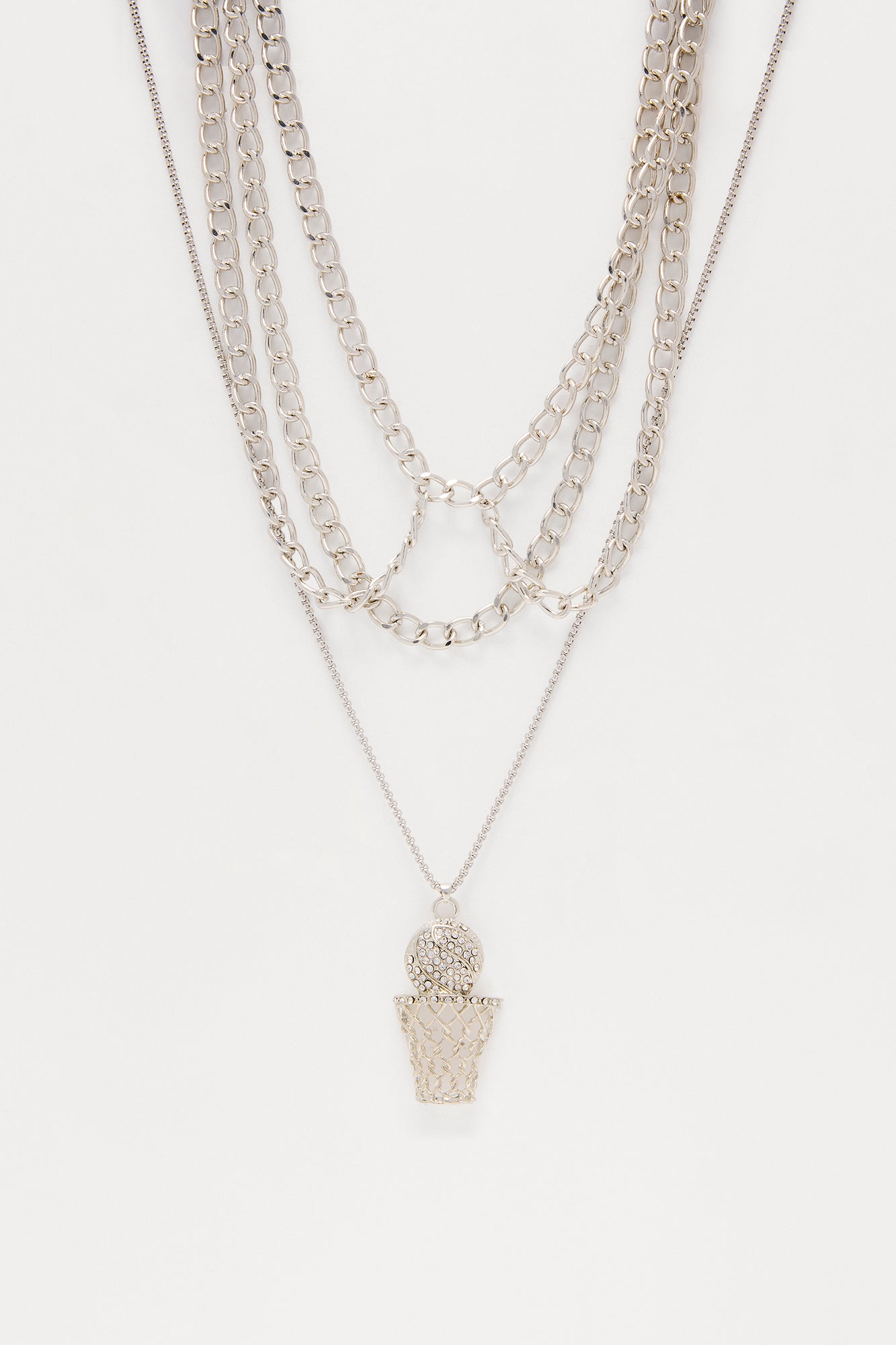 Basketball Baddie Rhinestone Trim Layered Necklace - Silver