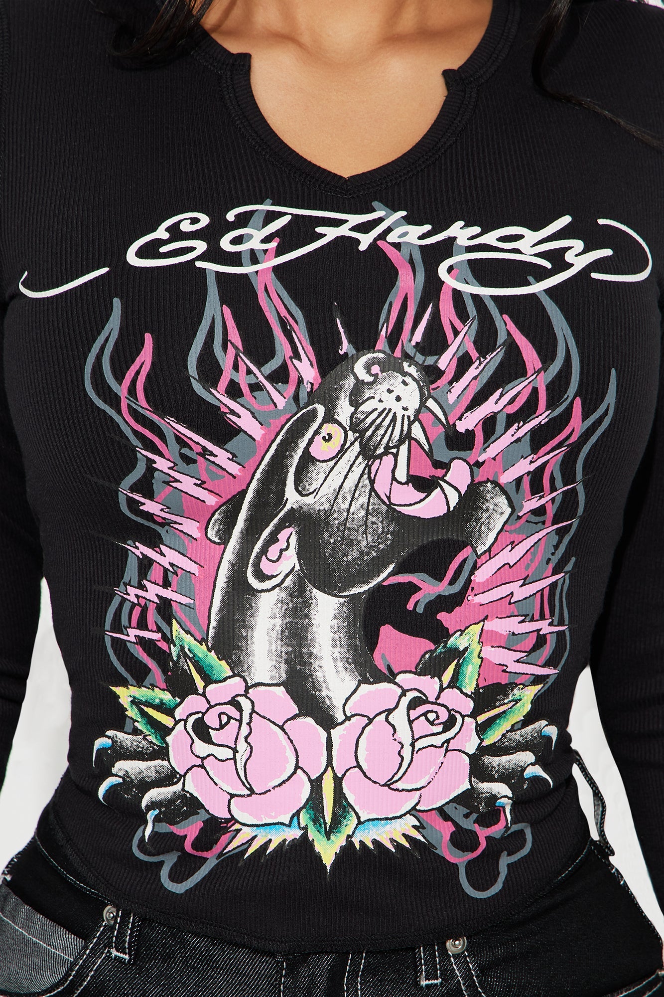 Ed Hardy Panther Roses Ribbed Top - Black