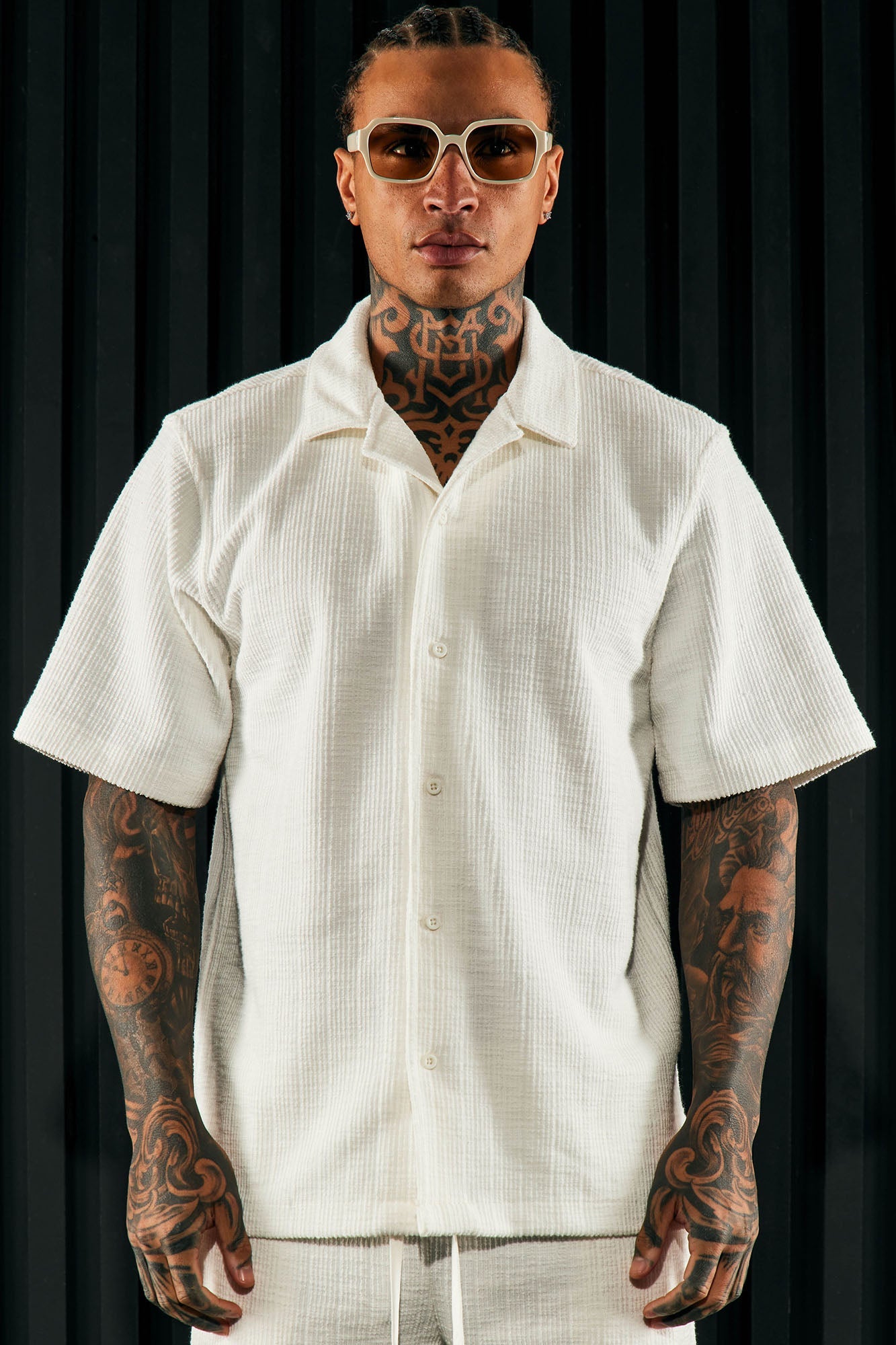Dean Textured Short Sleeve Button Up Shirt - White