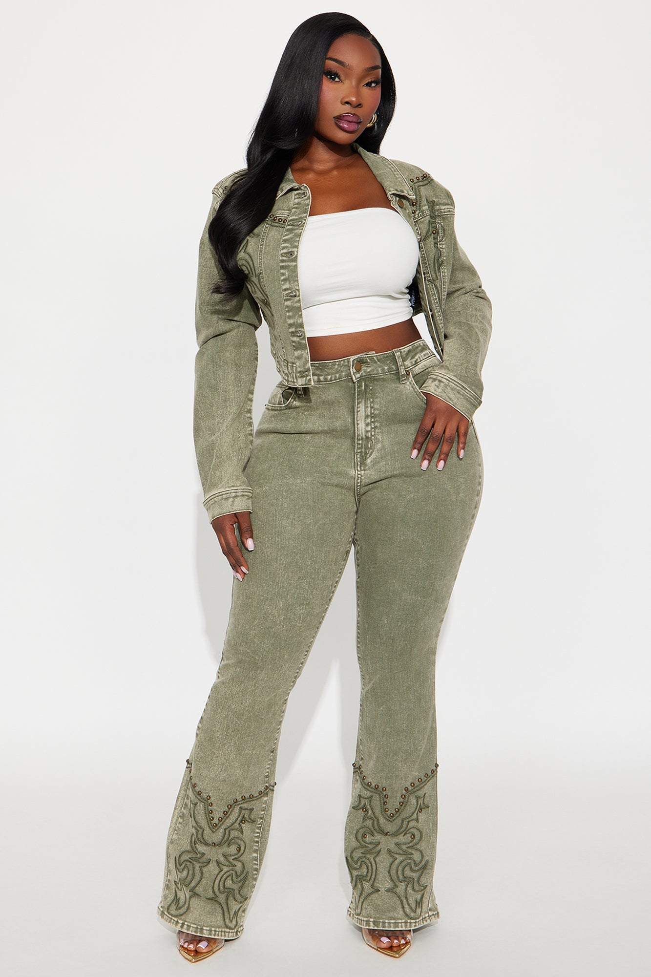 Letting It Ride Stretch Embellished Flare Jeans - Olive