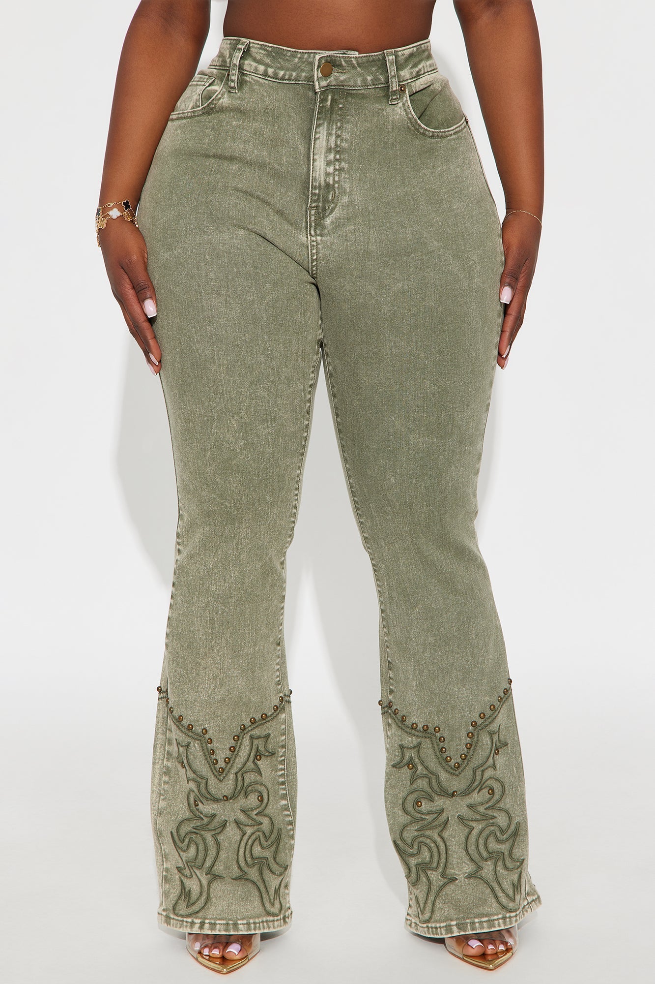 Letting It Ride Stretch Embellished Flare Jeans - Olive
