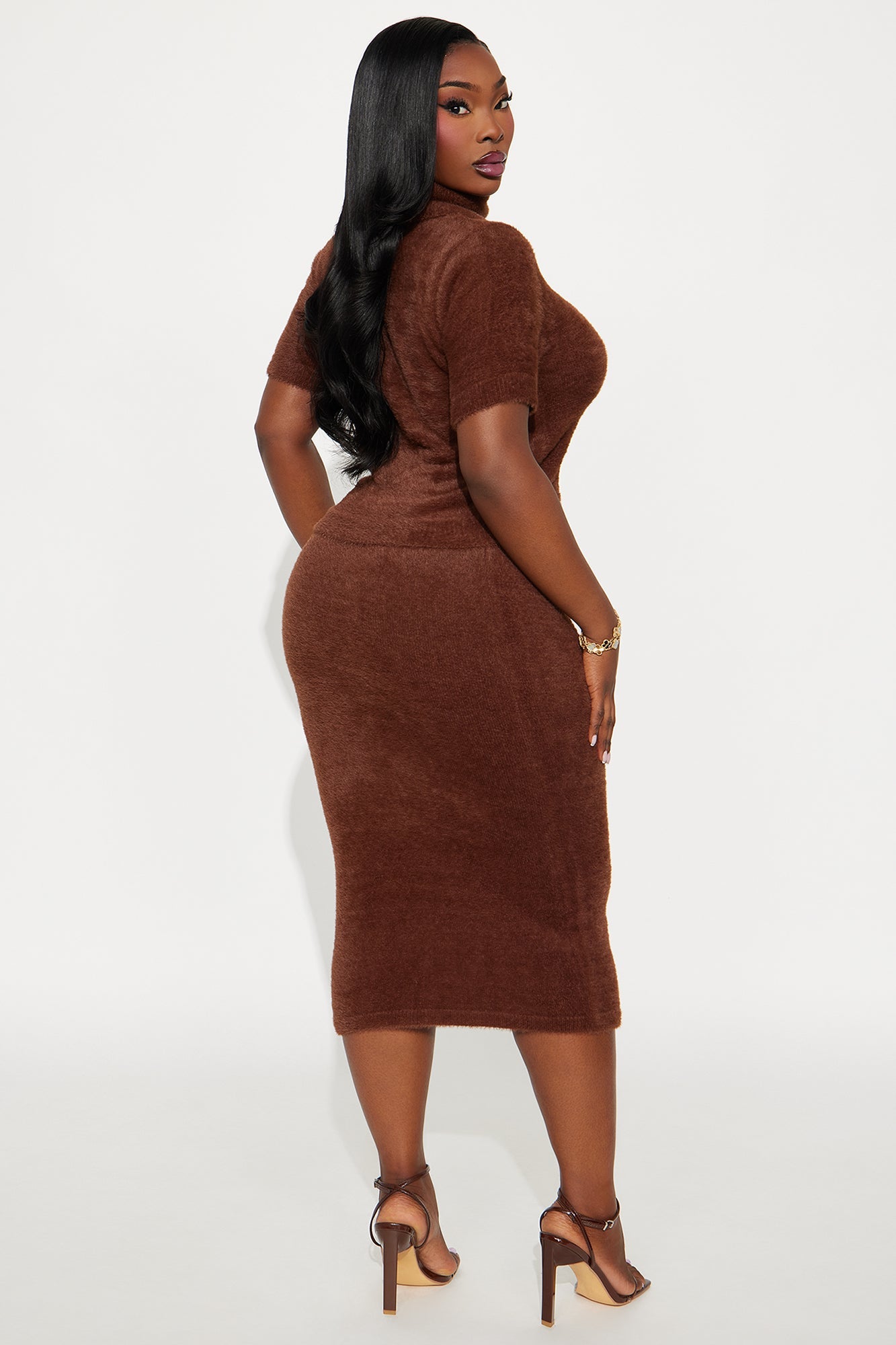 Carli Turtle Neck Sweater Midi Skirt Set - Brown