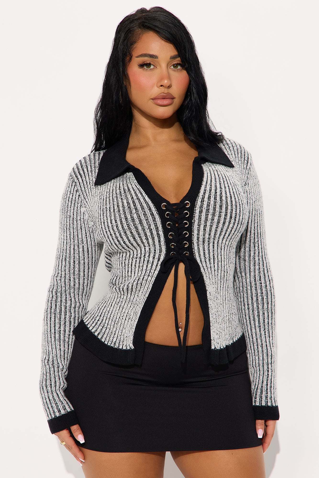 Hazy Day Lace Up Sweater Top - Black