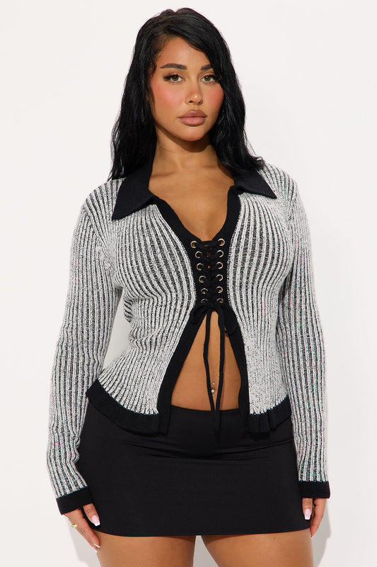 Hazy Day Lace Up Sweater Top - Black
