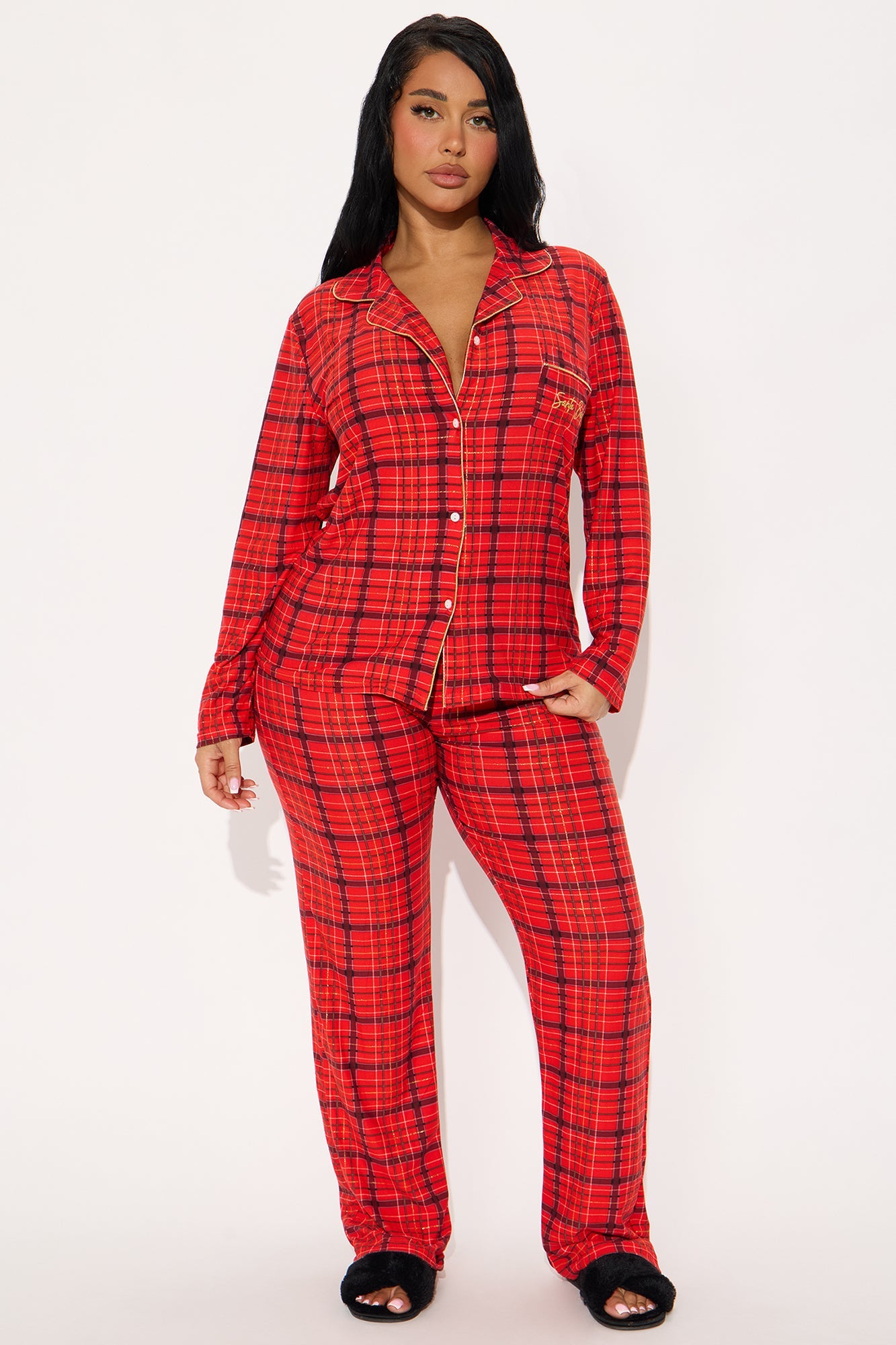 Santa Baby Embroidered Glitter Long Sleeve PJ Pant Set - Red