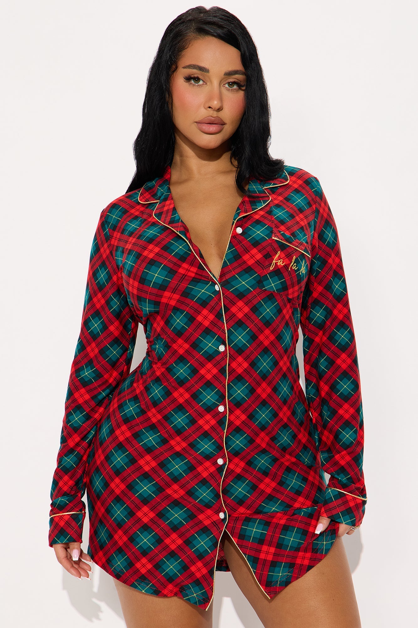 FaLaLa Embroidered Glitter Long Sleeve PJ Sleep Shirt - Red/combo