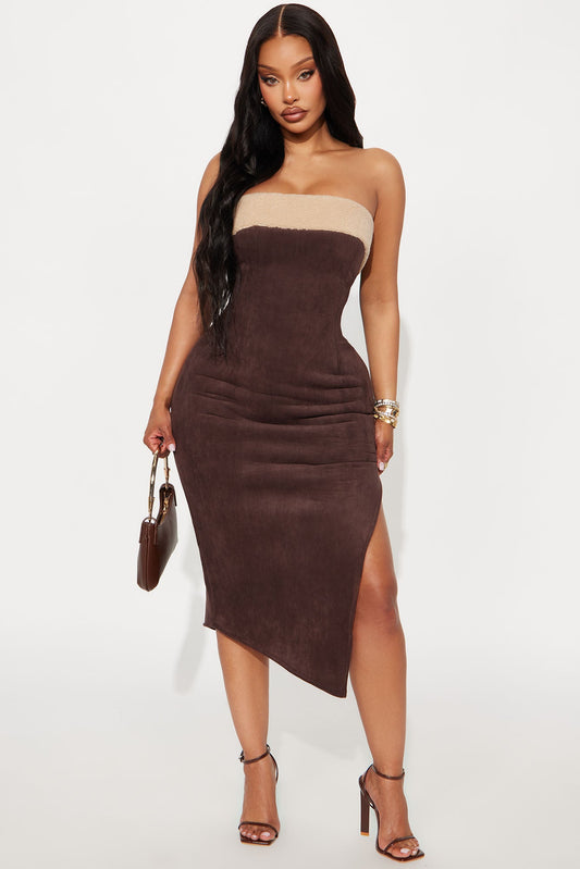 Teddy Fur Trim Faux Suede Midi Dress - Chocolate