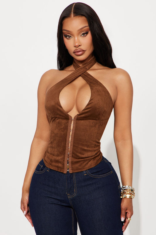 Howdy Partner Faux Suede Halter Top - Chocolate