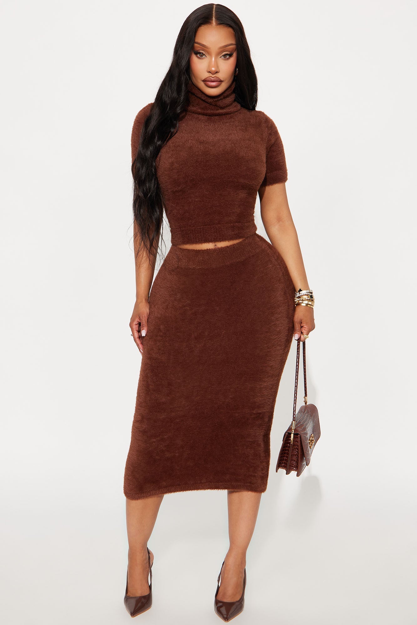 Carli Turtle Neck Sweater Midi Skirt Set - Brown