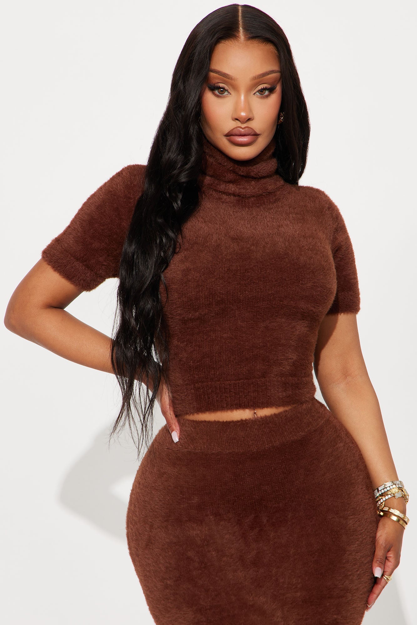 Carli Turtle Neck Sweater Midi Skirt Set - Brown