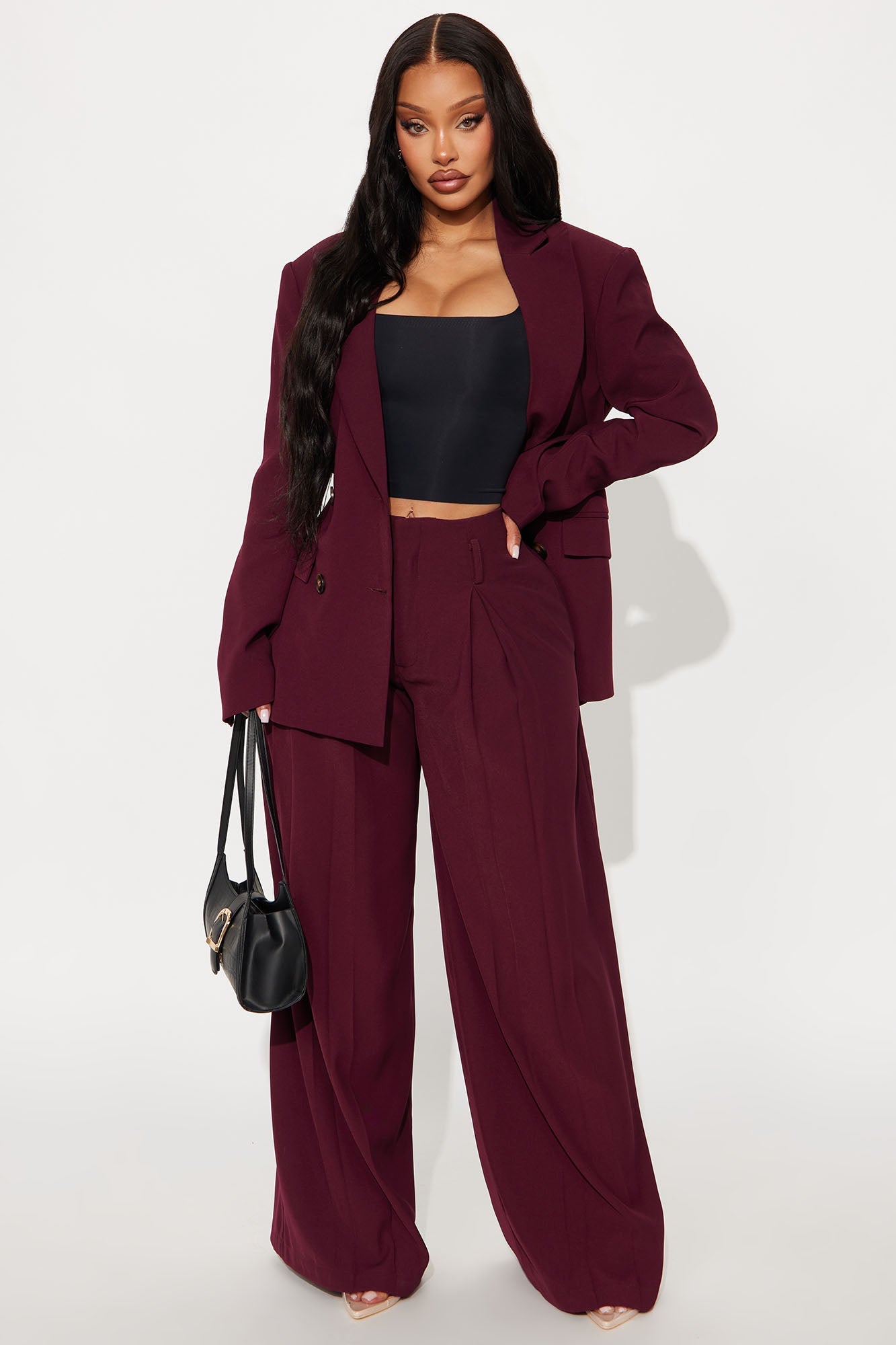 End Of Time Wide Leg Belted Trousers 33″ - Wine