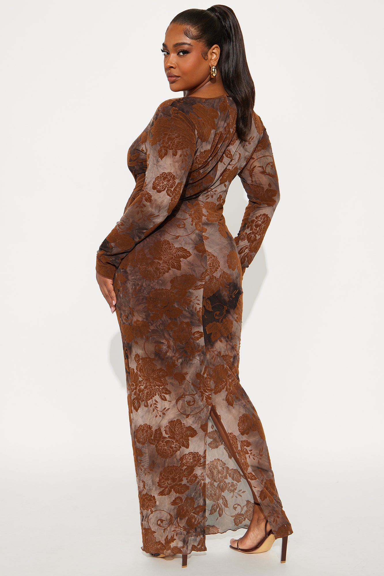 Let's Get Lost Flocked Floral Maxi Dress - Brown