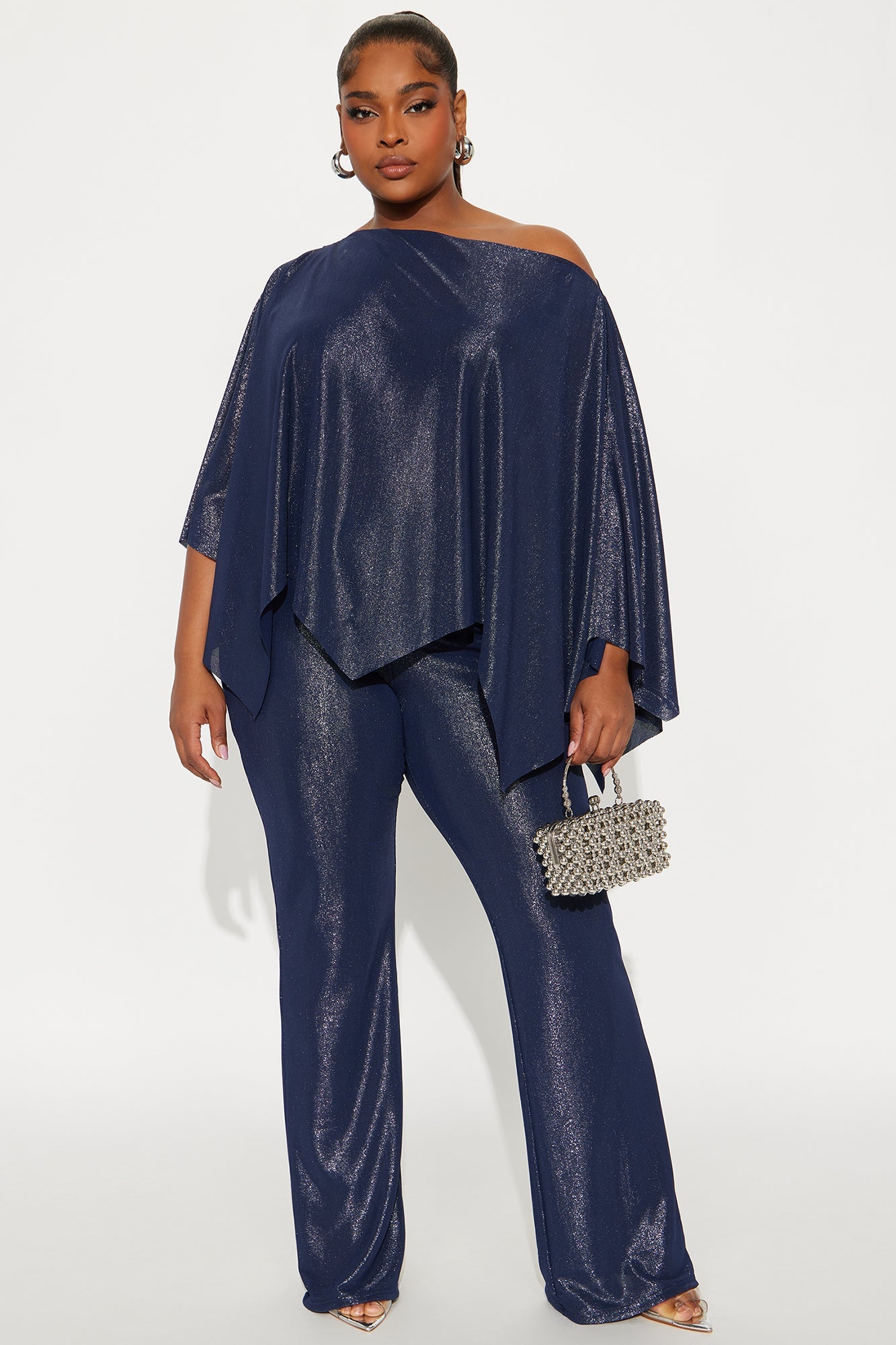 Paige Metallic Knit Draped Pant Set - Navy