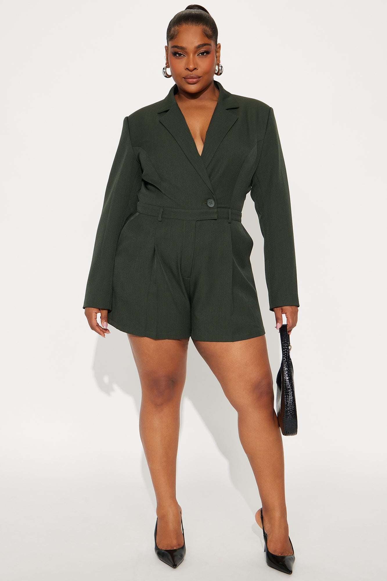 Shantal Bold Shoulder Blazer Romper - Dark Olive