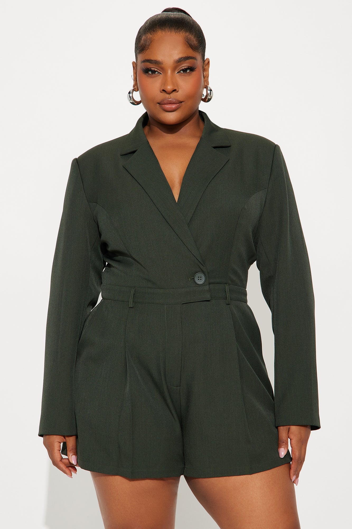 Shantal Bold Shoulder Blazer Romper - Dark Olive