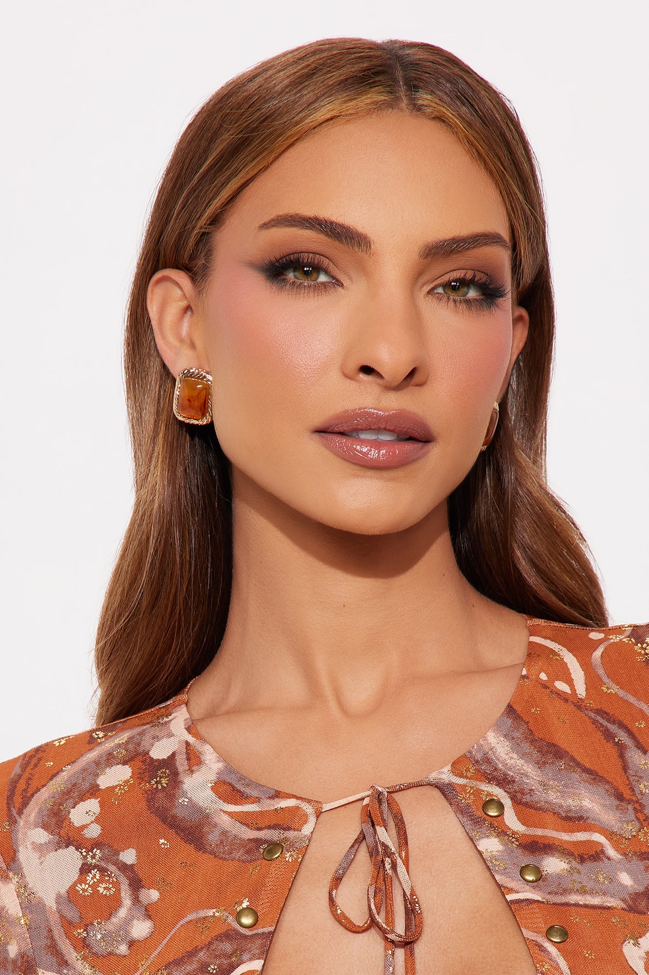 Tiger-Eye Resin Stud Earrings - Gold/Brown