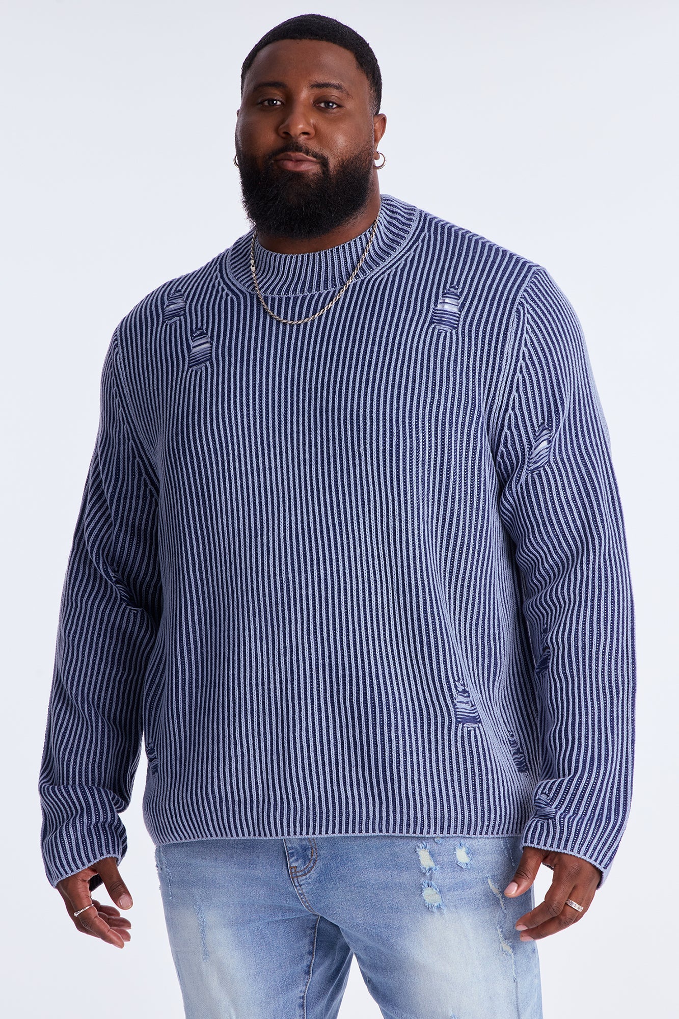 Cedarwood Distressed Mockneck Sweater - Blue/combo