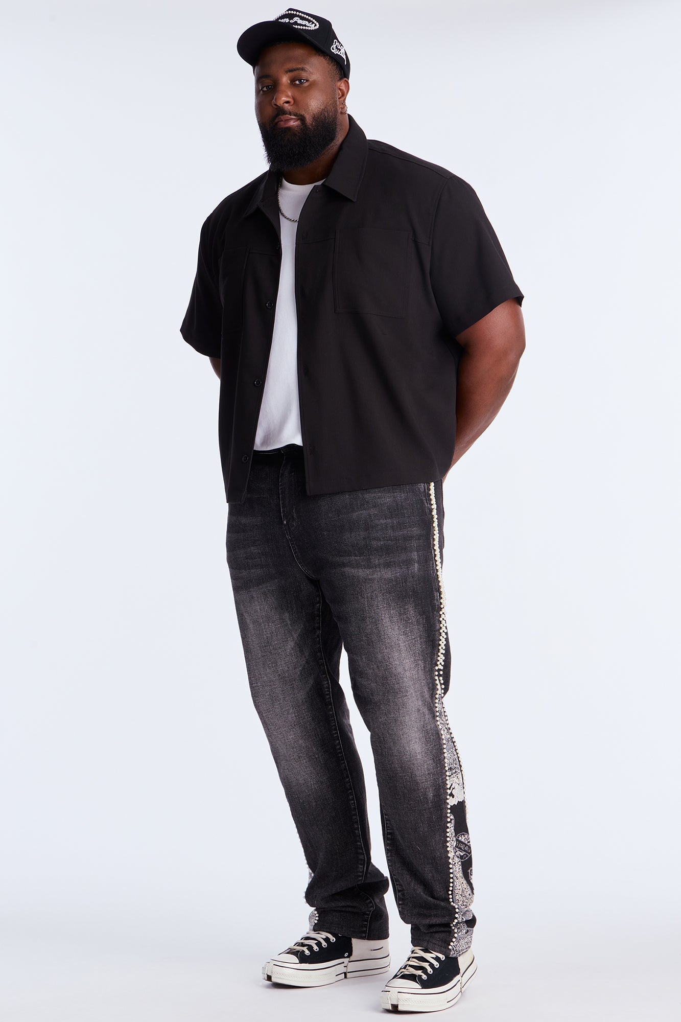 Straight Pearl Panel Tapestry Jean - Black Wash