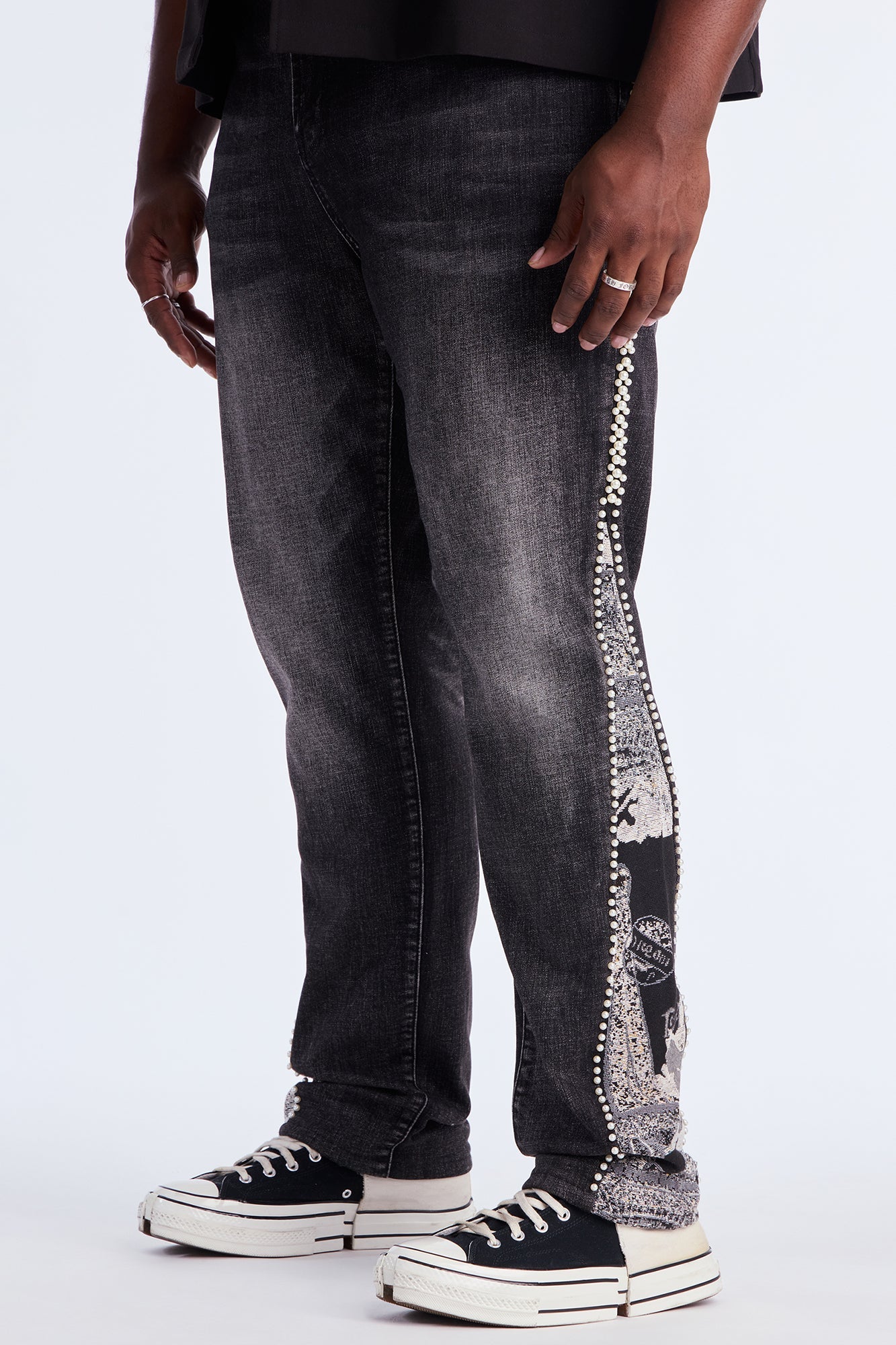 Straight Pearl Panel Tapestry Jean - Black Wash