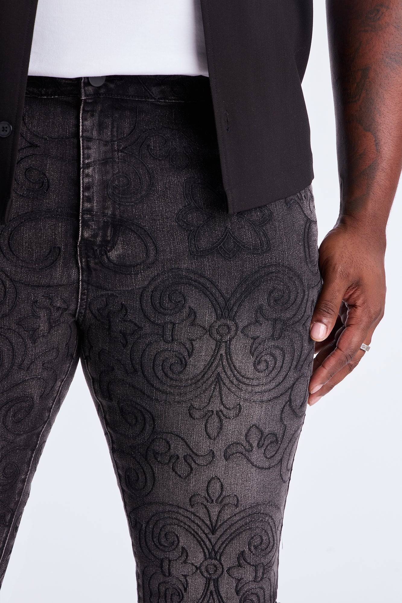 Stacked Skinny Flare Mystic Embroidered Jean - Black Wash