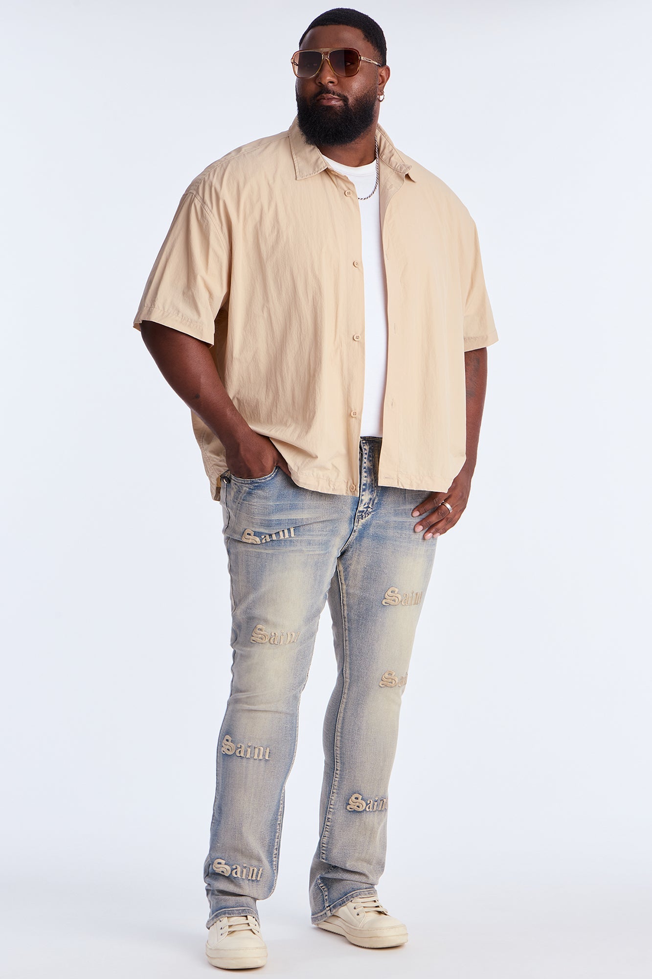 Stacked Skinny Flare Saints Embroidered Jean - Light Wash