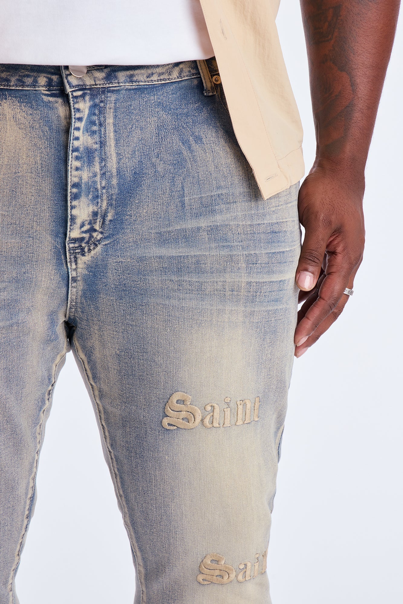 Stacked Skinny Flare Saints Embroidered Jean - Light Wash