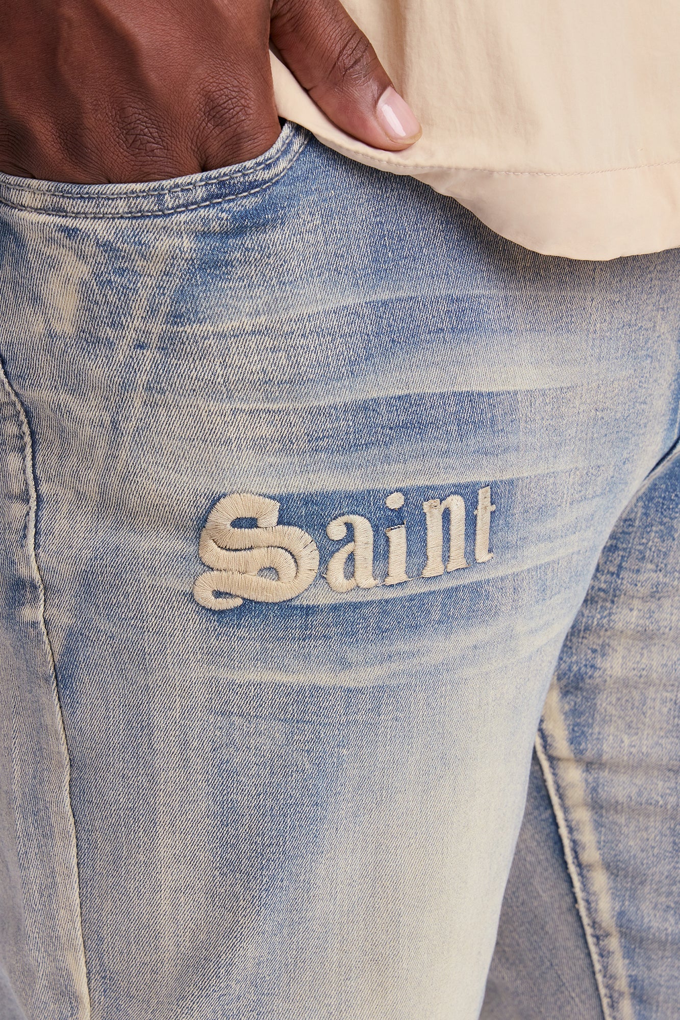 Stacked Skinny Flare Saints Embroidered Jean - Light Wash