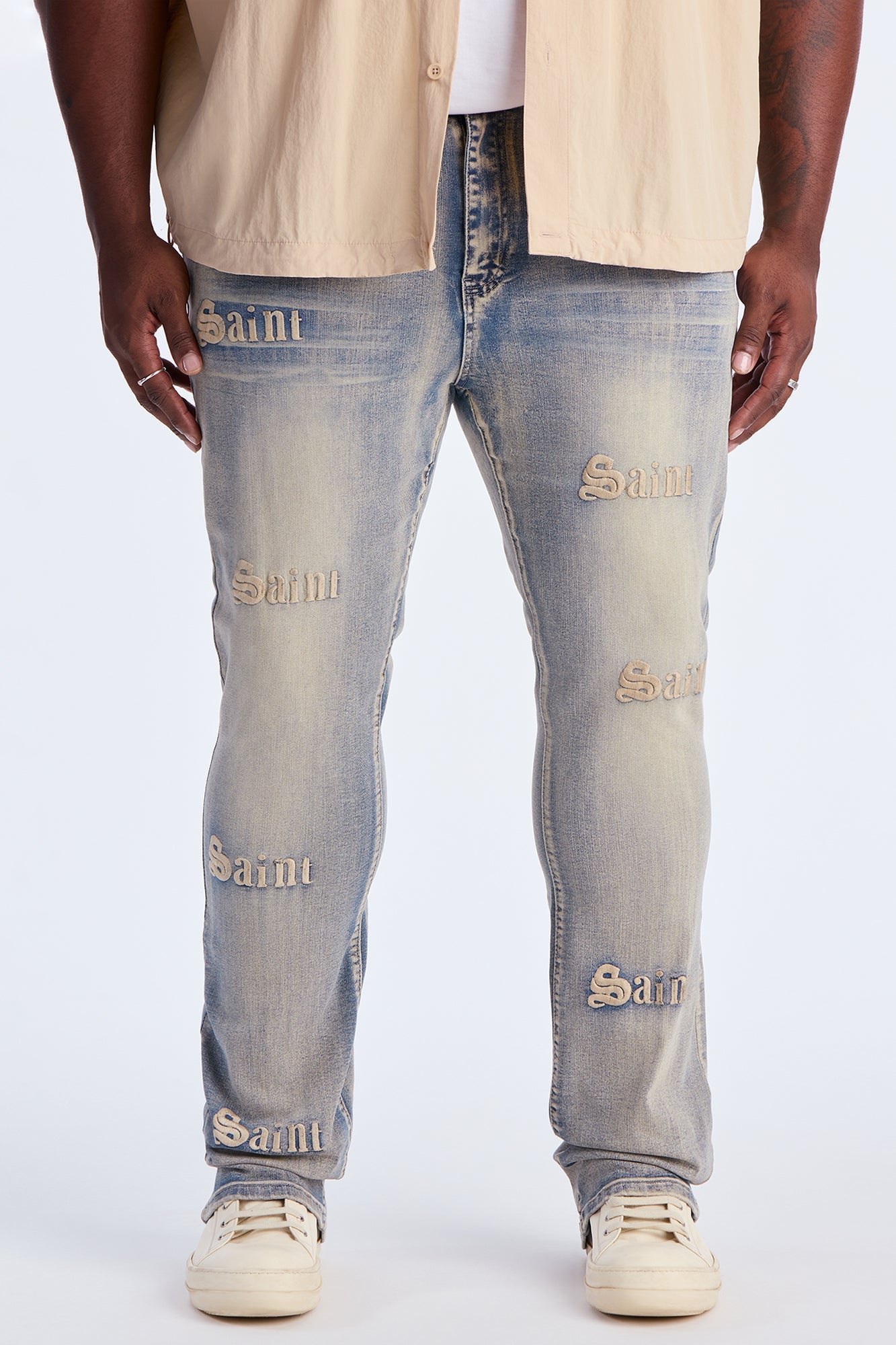 Stacked Skinny Flare Saints Embroidered Jean - Light Wash