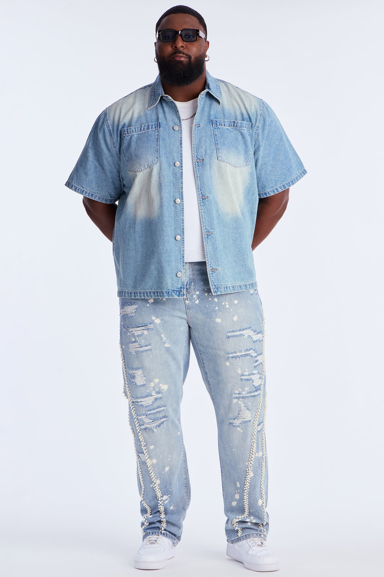 Straight Pearls And Destroyed Bleached Jean - Light Wash