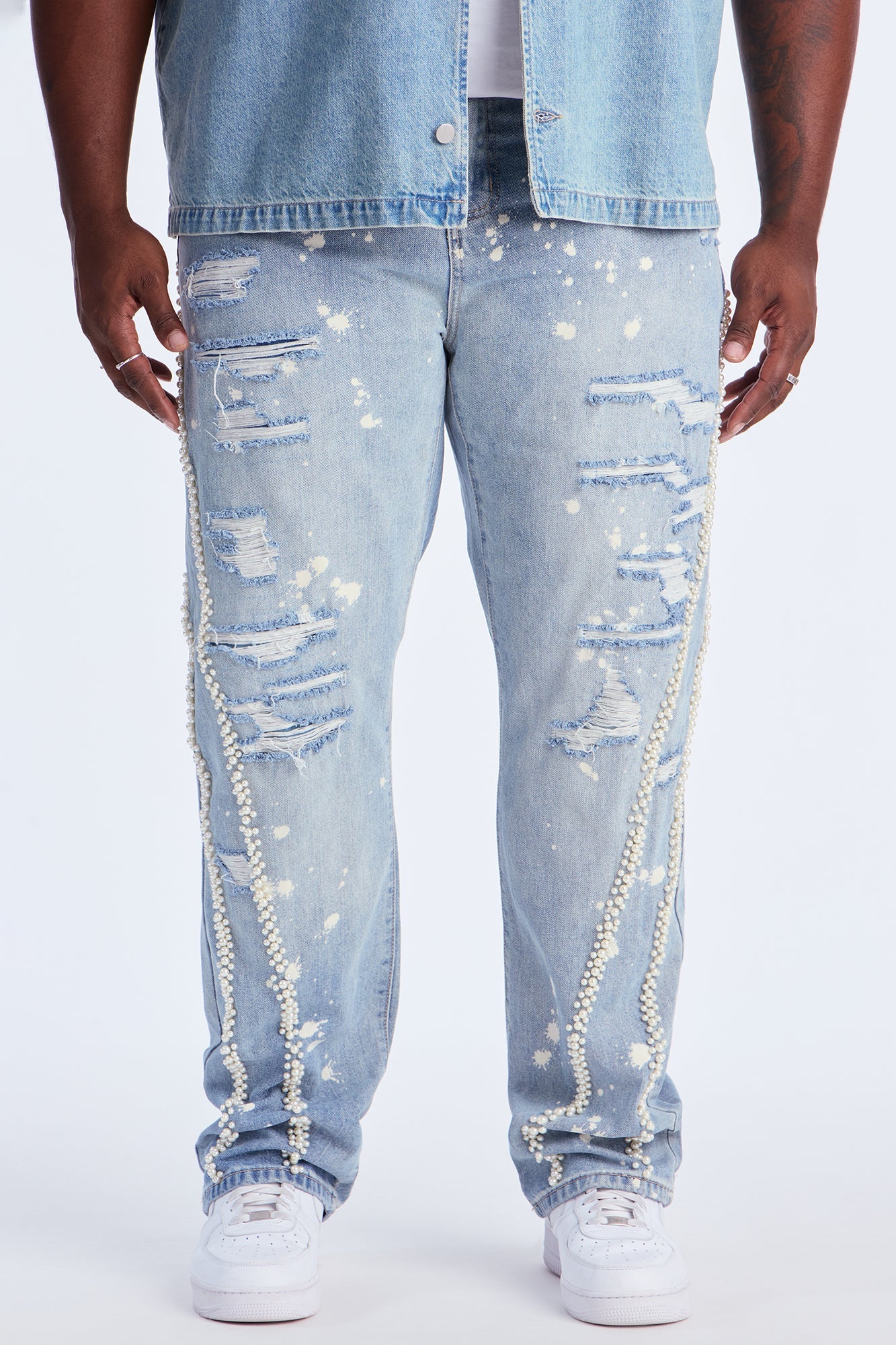 Straight Pearls And Destroyed Bleached Jean - Light Wash