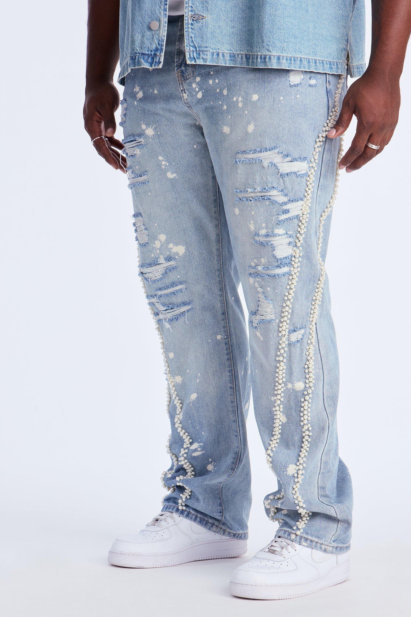 Straight Pearls And Destroyed Bleached Jean - Light Wash