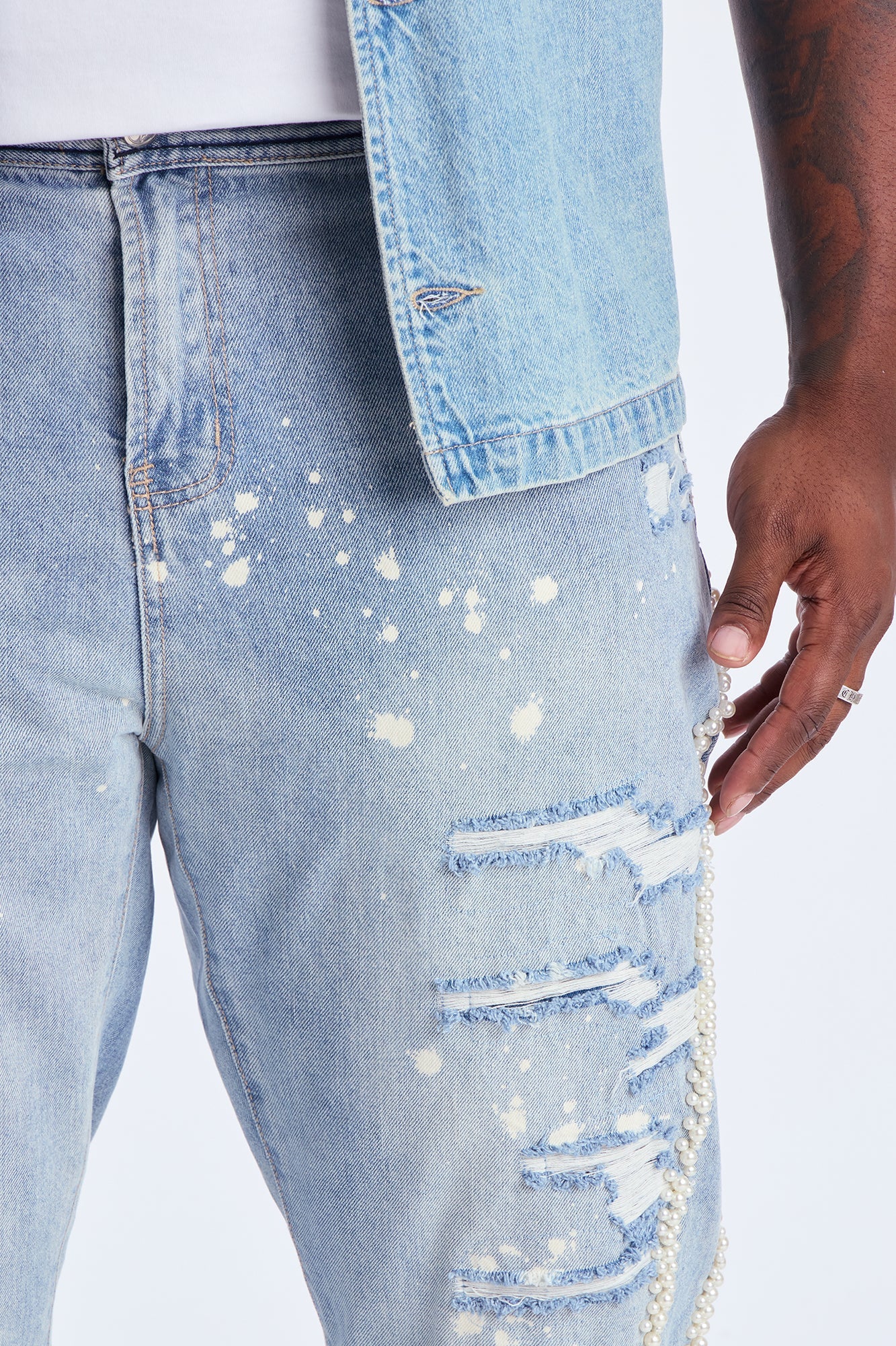 Straight Pearls And Destroyed Bleached Jean - Light Wash