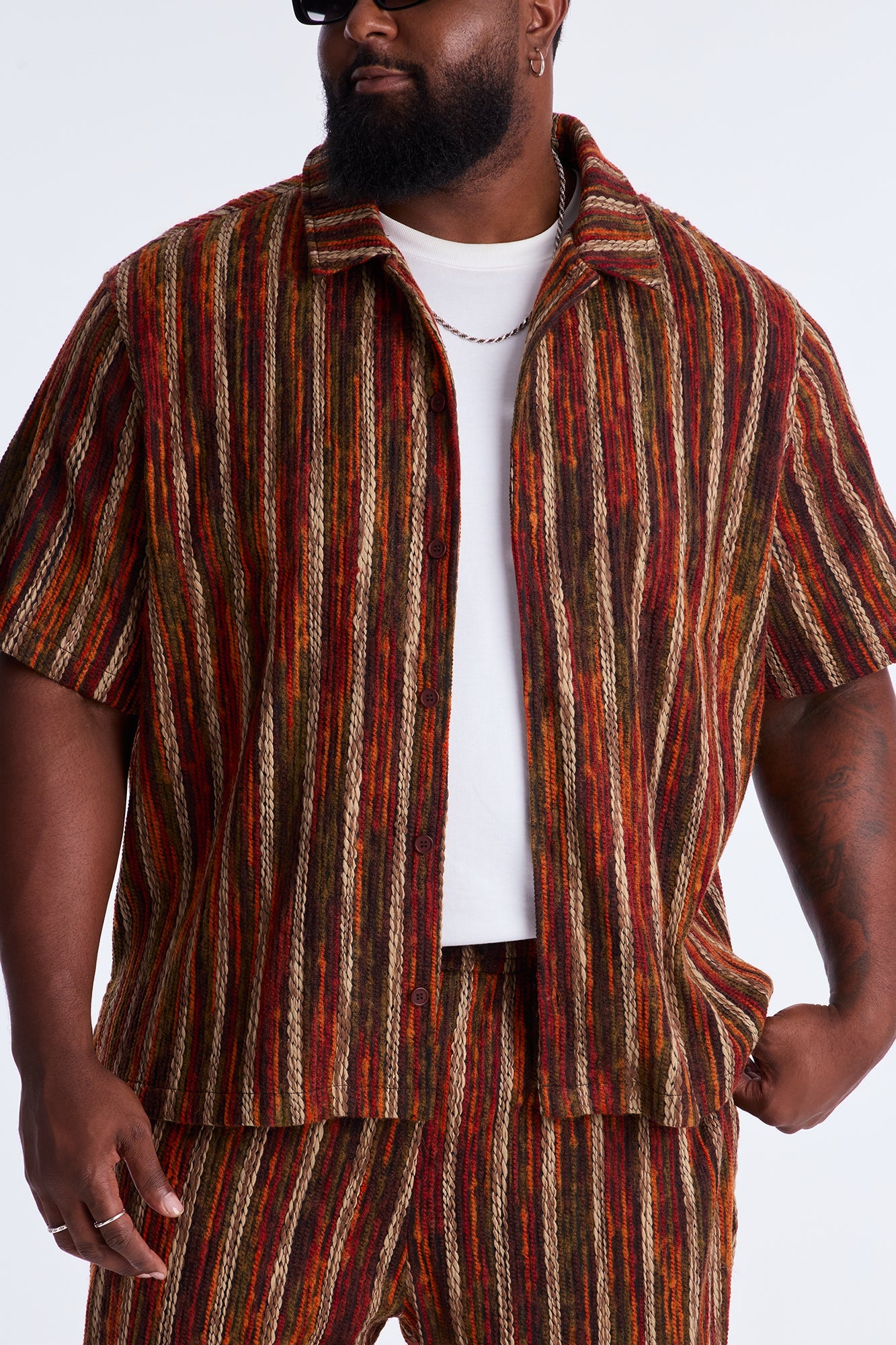 Melange Yarn Closed Closed Collar Short Sleeve Shirt - Brown/combo