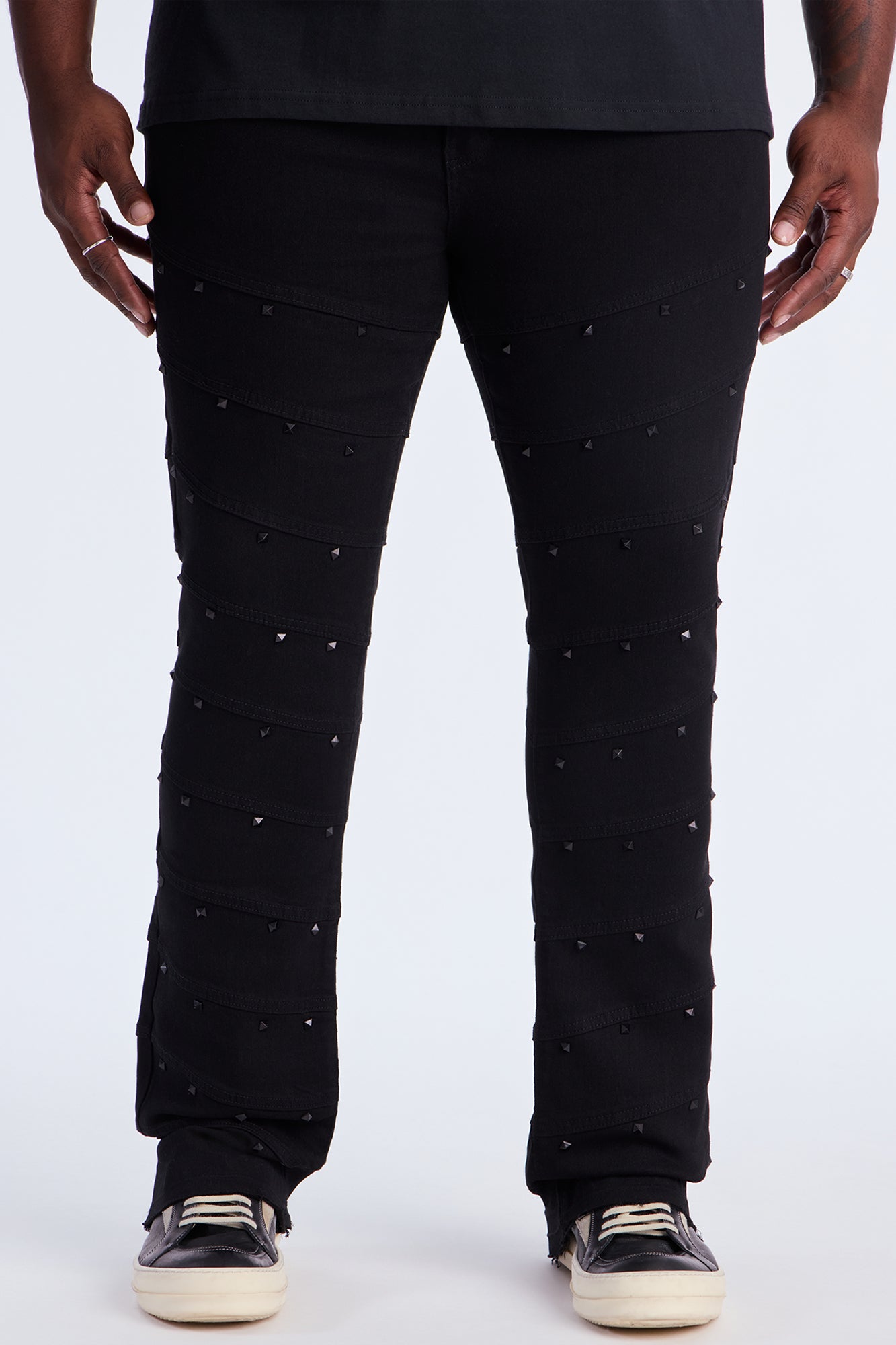 Stacked Skinny Flare Studded On Panels Jean - Black