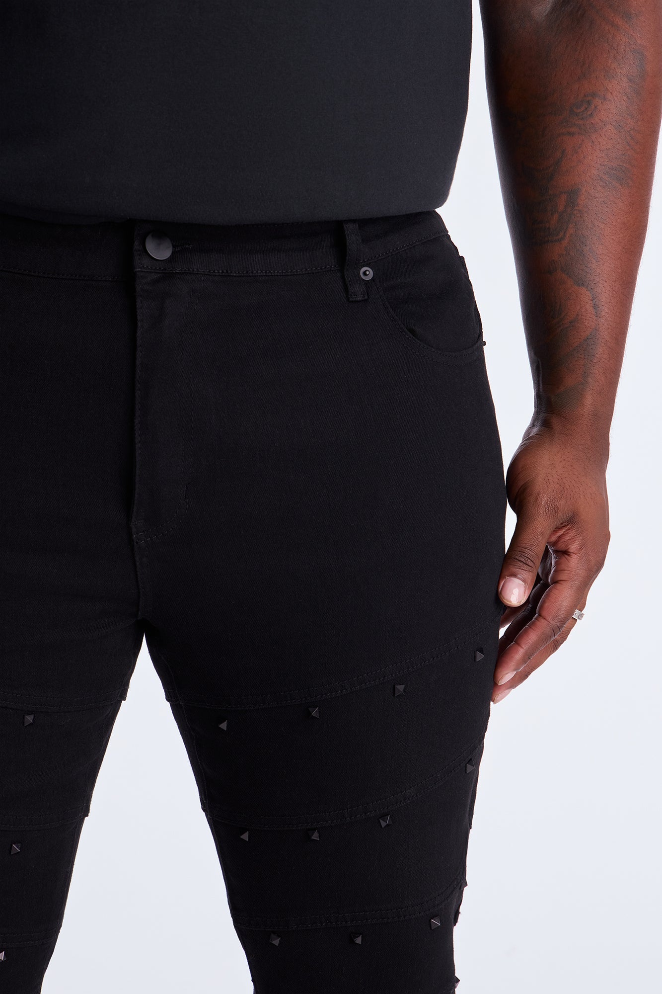 Stacked Skinny Flare Studded On Panels Jean - Black