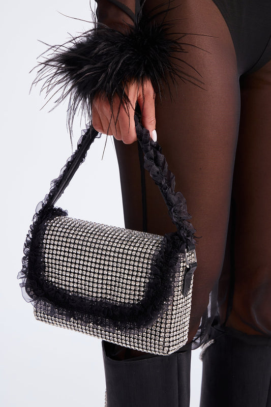 Diamond Drape Rhinestone Shoulder Handbag - Silver/Black