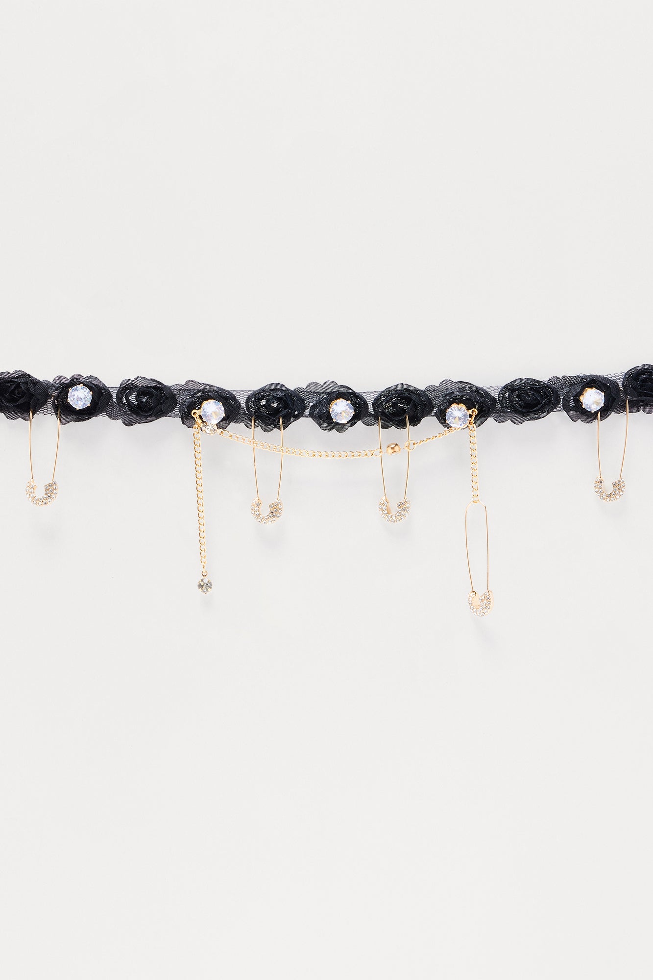 Safety Pin Measures Rhinestone Choker Necklace - Black/Gold