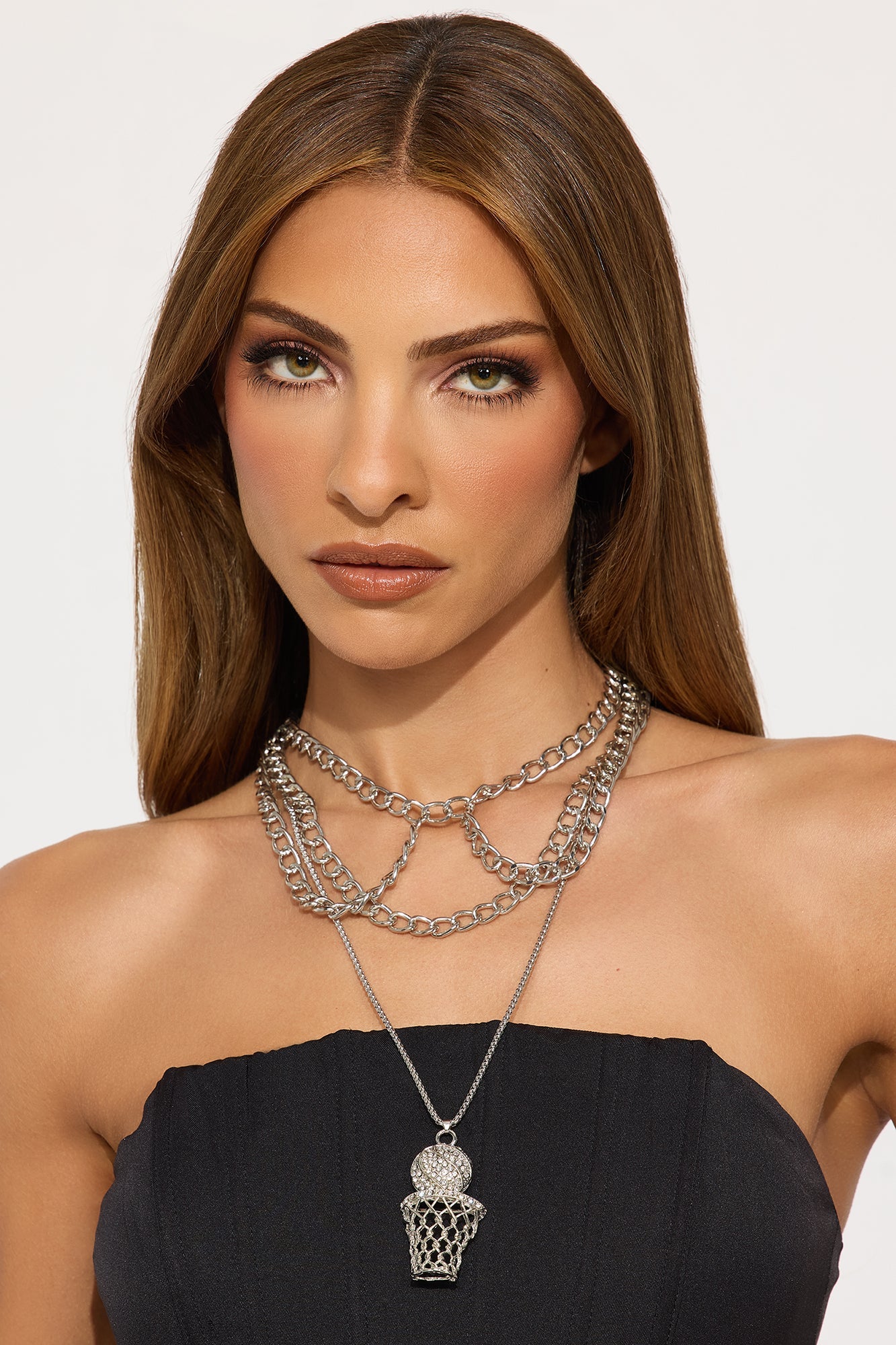 Basketball Baddie Rhinestone Trim Layered Necklace - Silver