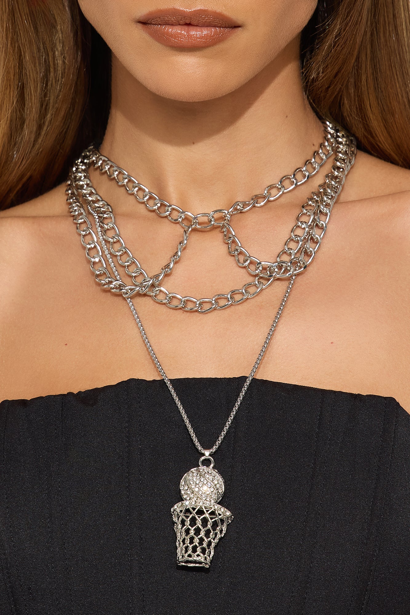 Basketball Baddie Rhinestone Trim Layered Necklace - Silver
