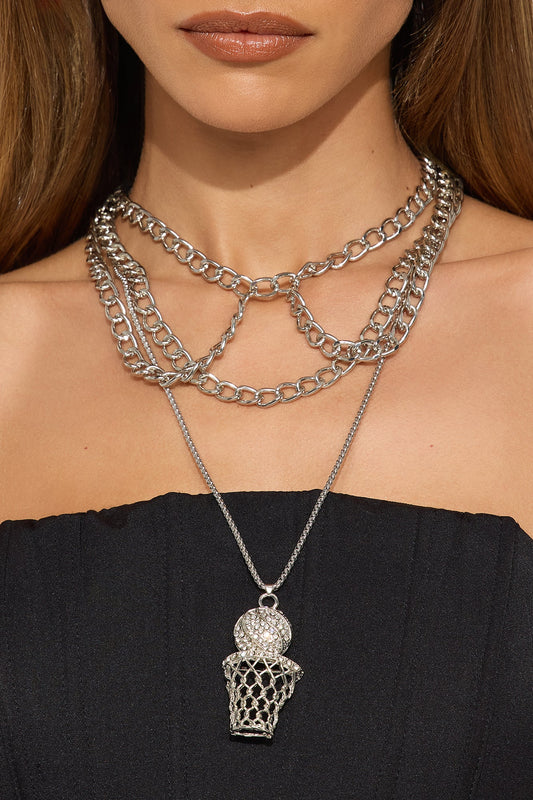 Basketball Baddie Rhinestone Trim Layered Necklace - Silver