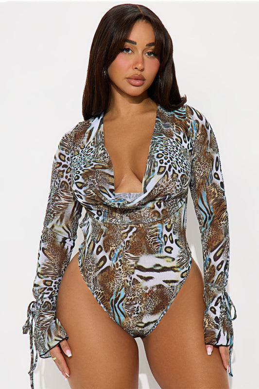 Catch It Long Sleeve Cowl Neck Bodysuit Teddy - Blue/combo