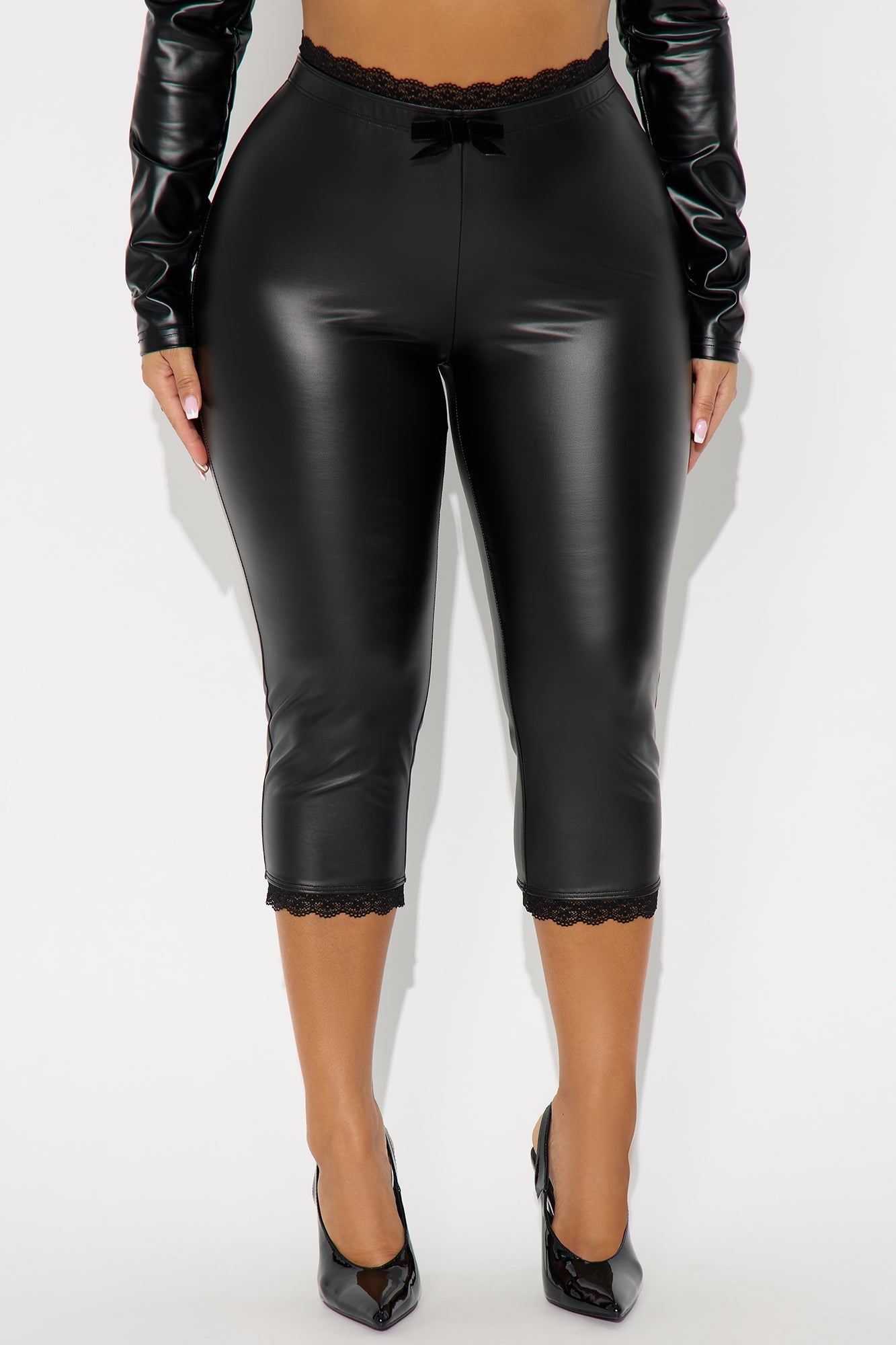 Valentina Faux Leather Lace Trim Capri Legging - Black