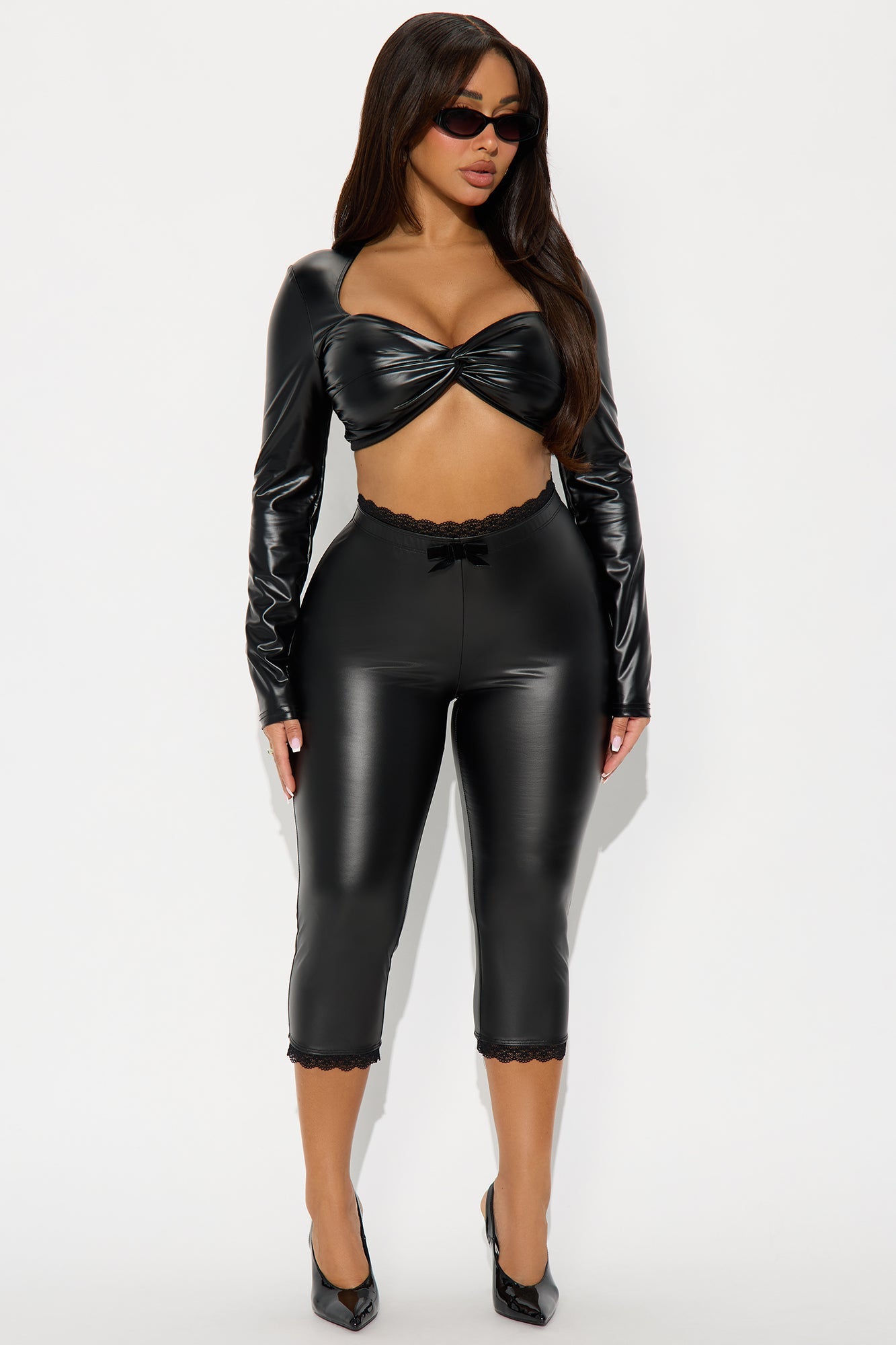 Valentina Faux Leather Lace Trim Capri Legging - Black