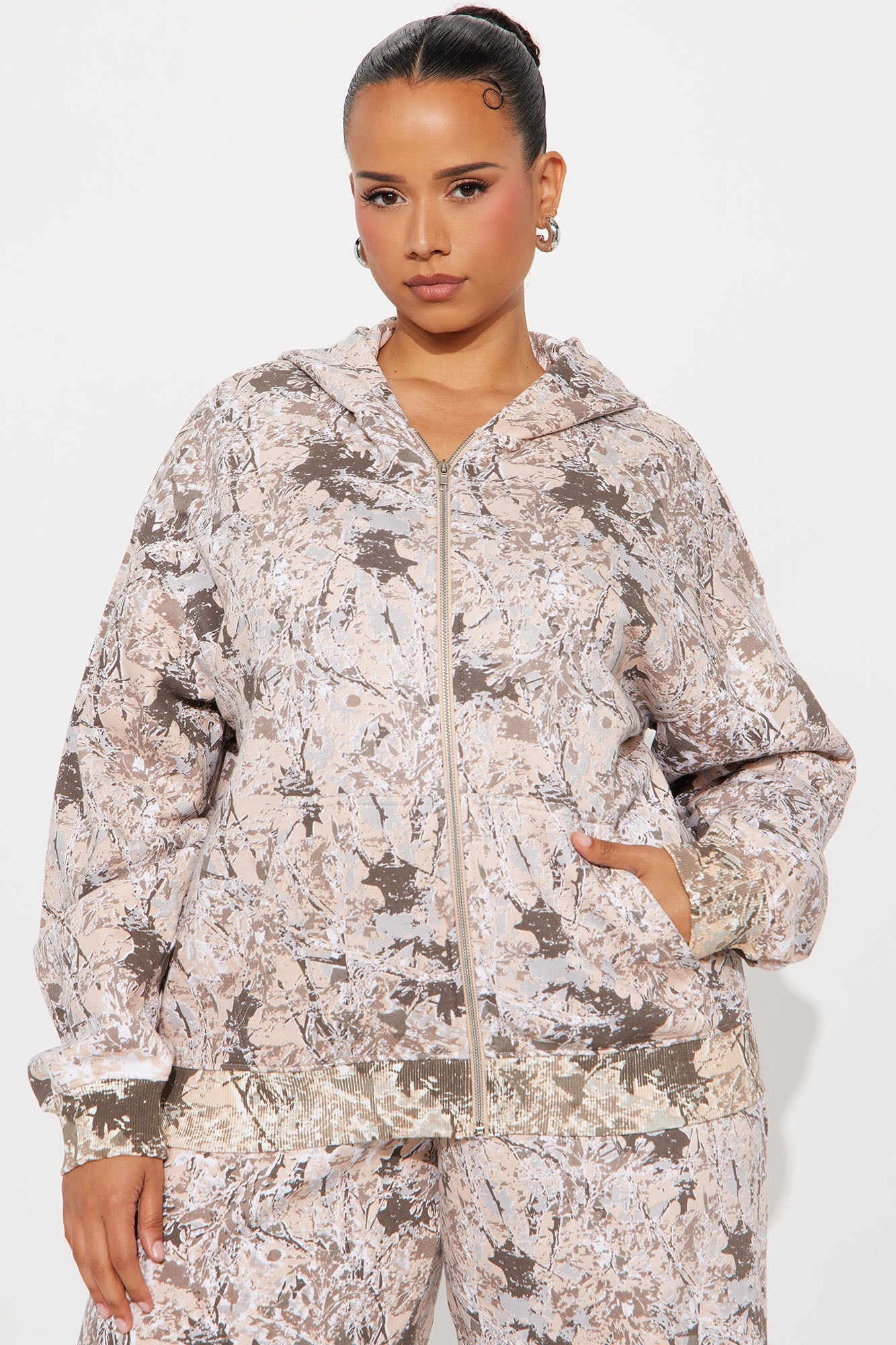 Carol Camo Zip Up Hoodie Pant Set - Taupe/combo