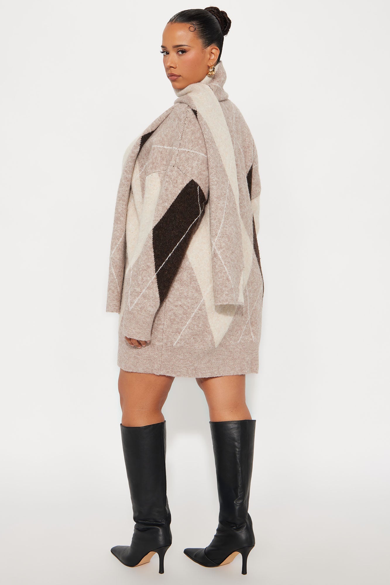 Comfy Season Scarf Plaid Sweater Mini Dress - Taupe/combo
