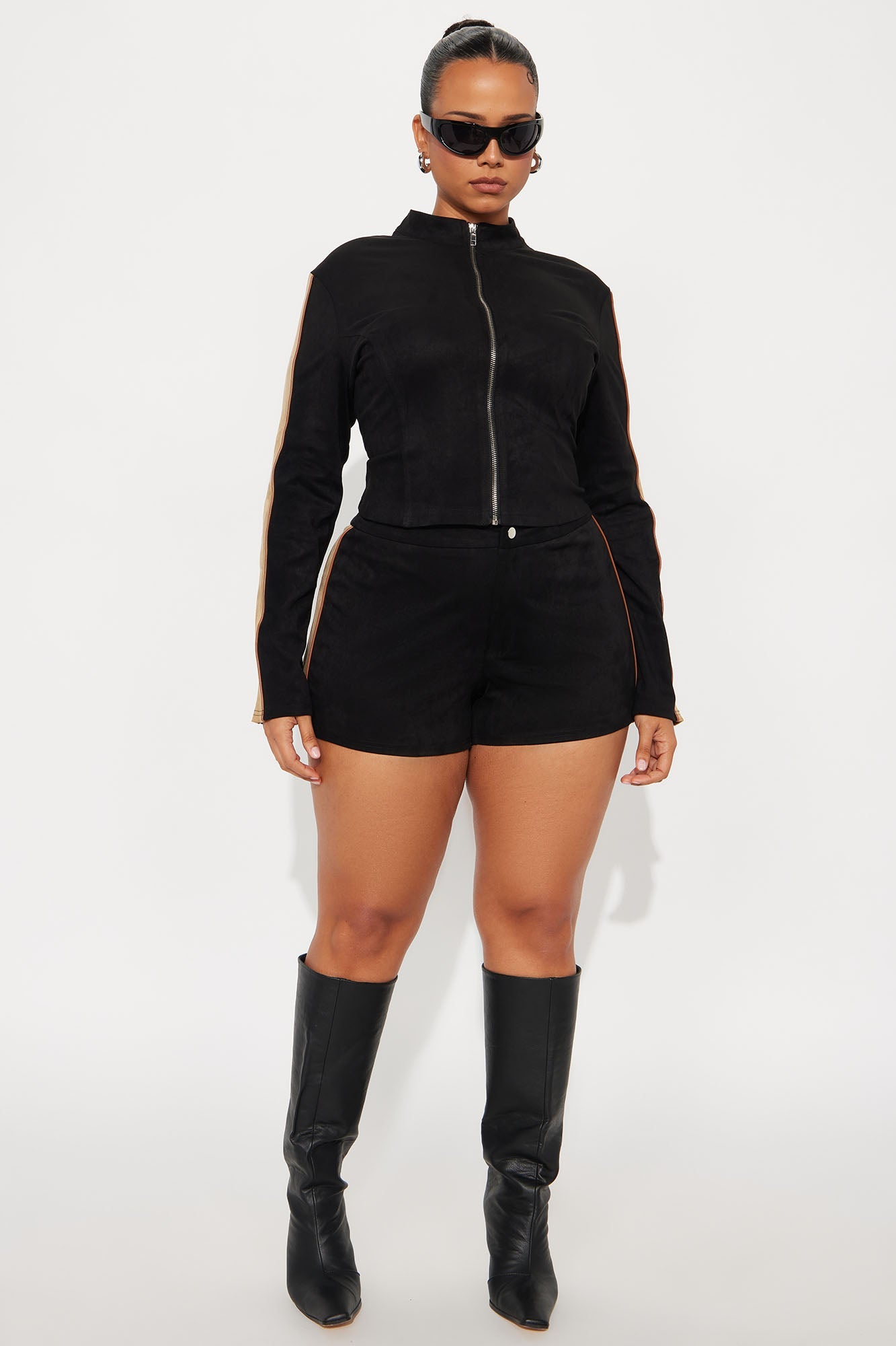 So Chic Faux Suede Jacket Short Set - Black