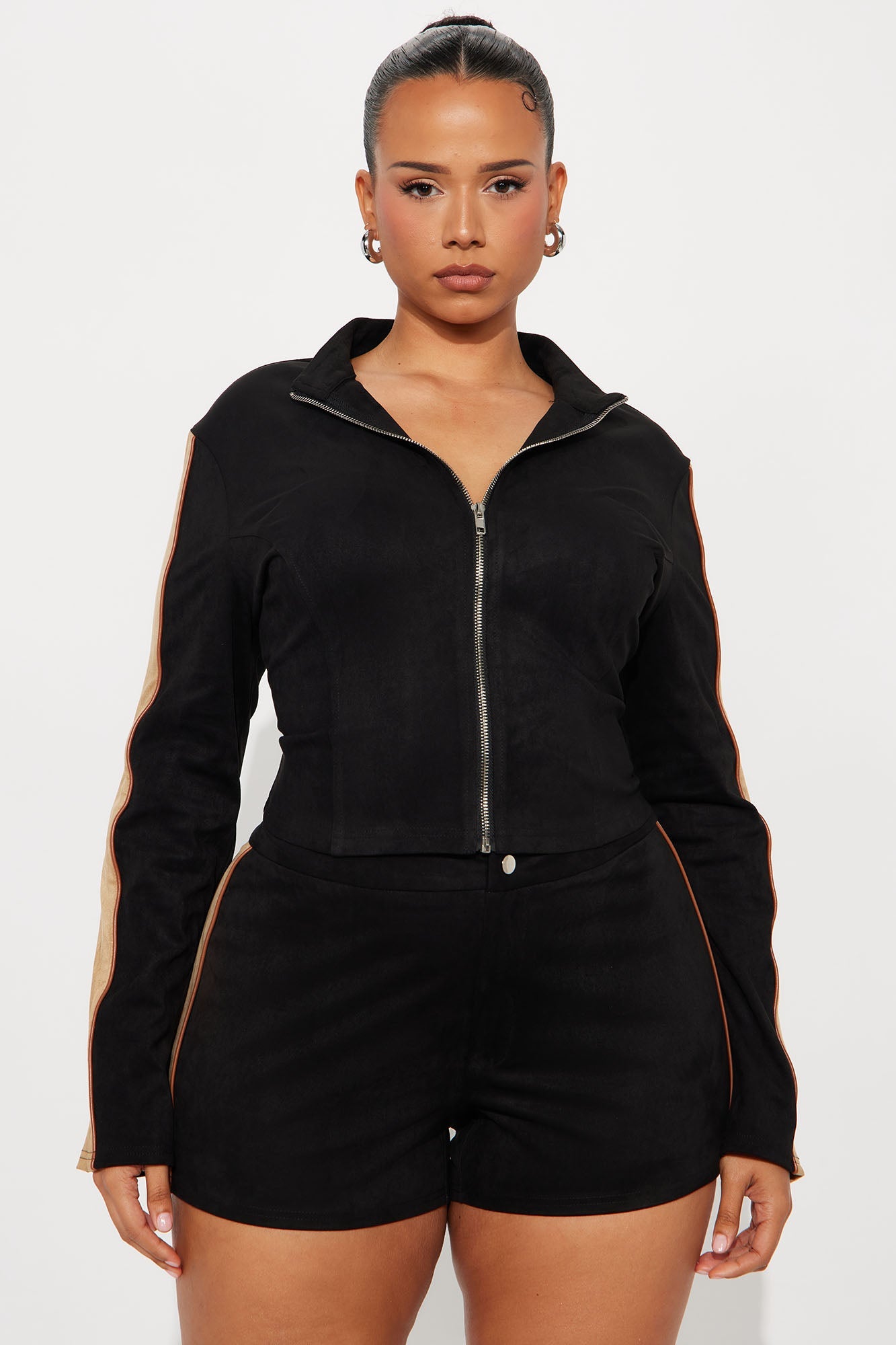 So Chic Faux Suede Jacket Short Set - Black